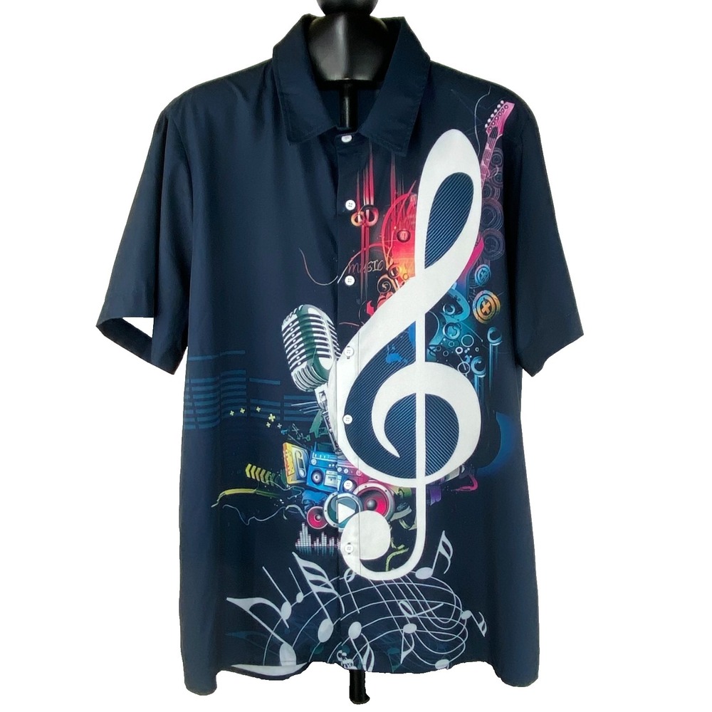 Music Note Short Sleeve Shirt Mens L Musician Microphone Casual Show Biz Stretch